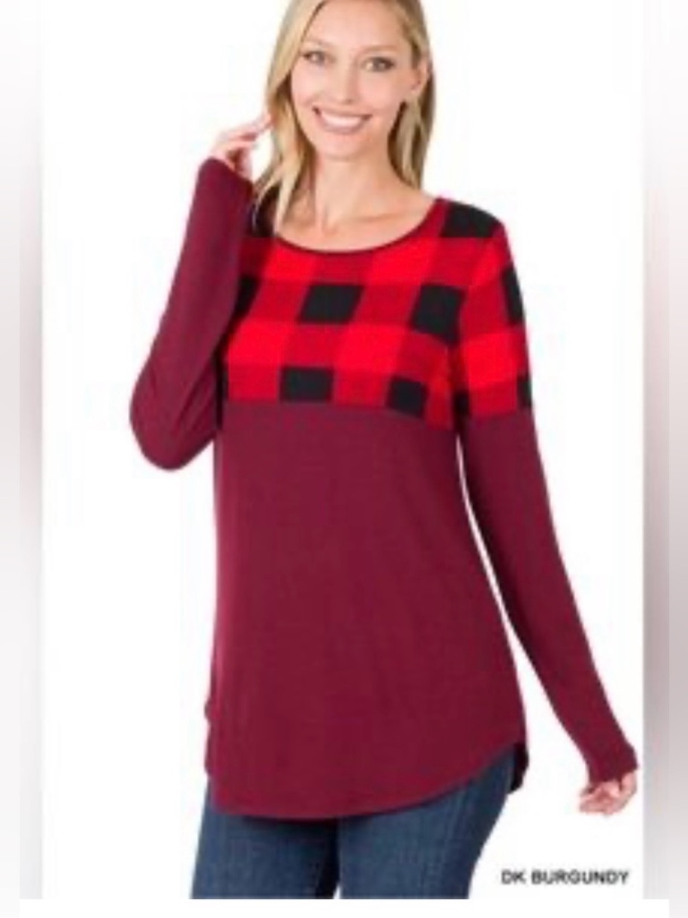 Zenana Red Buffalo Plaid Yoke Burgundy Long Sleeve Top
